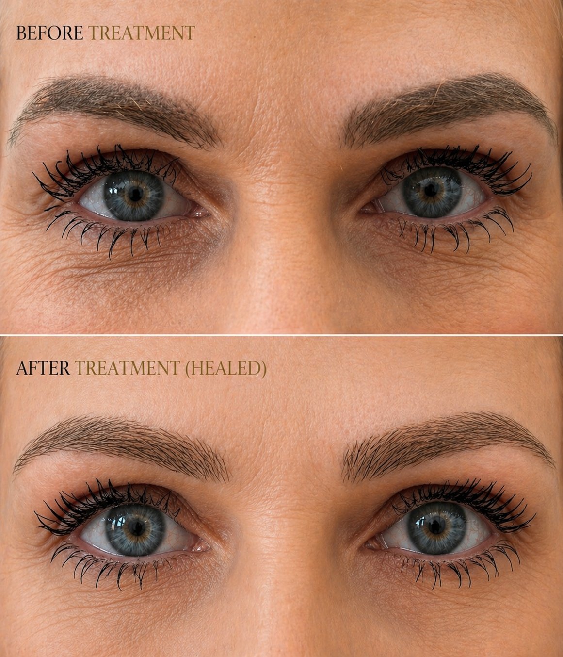 Brow correction — before treatment and after healed result