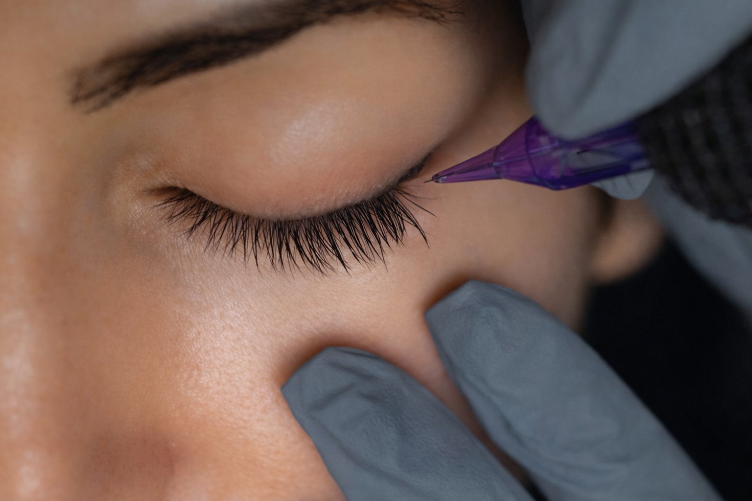 Lash line enhancement procedure — precision pigment placement between the lashes