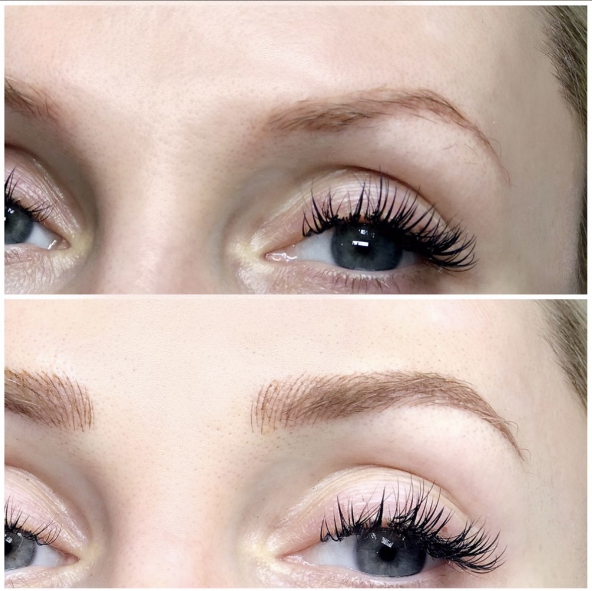 Before and after microblading — thin brows filled with precise hair strokes, Sarasota permanent makeup