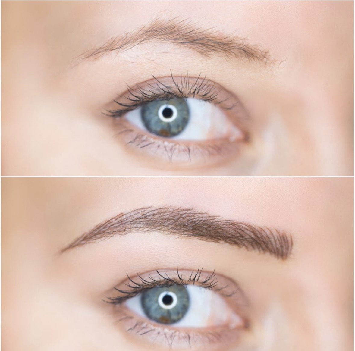 Microblading before and after — blonde brows defined with natural hair strokes by Beverly Hills PMU