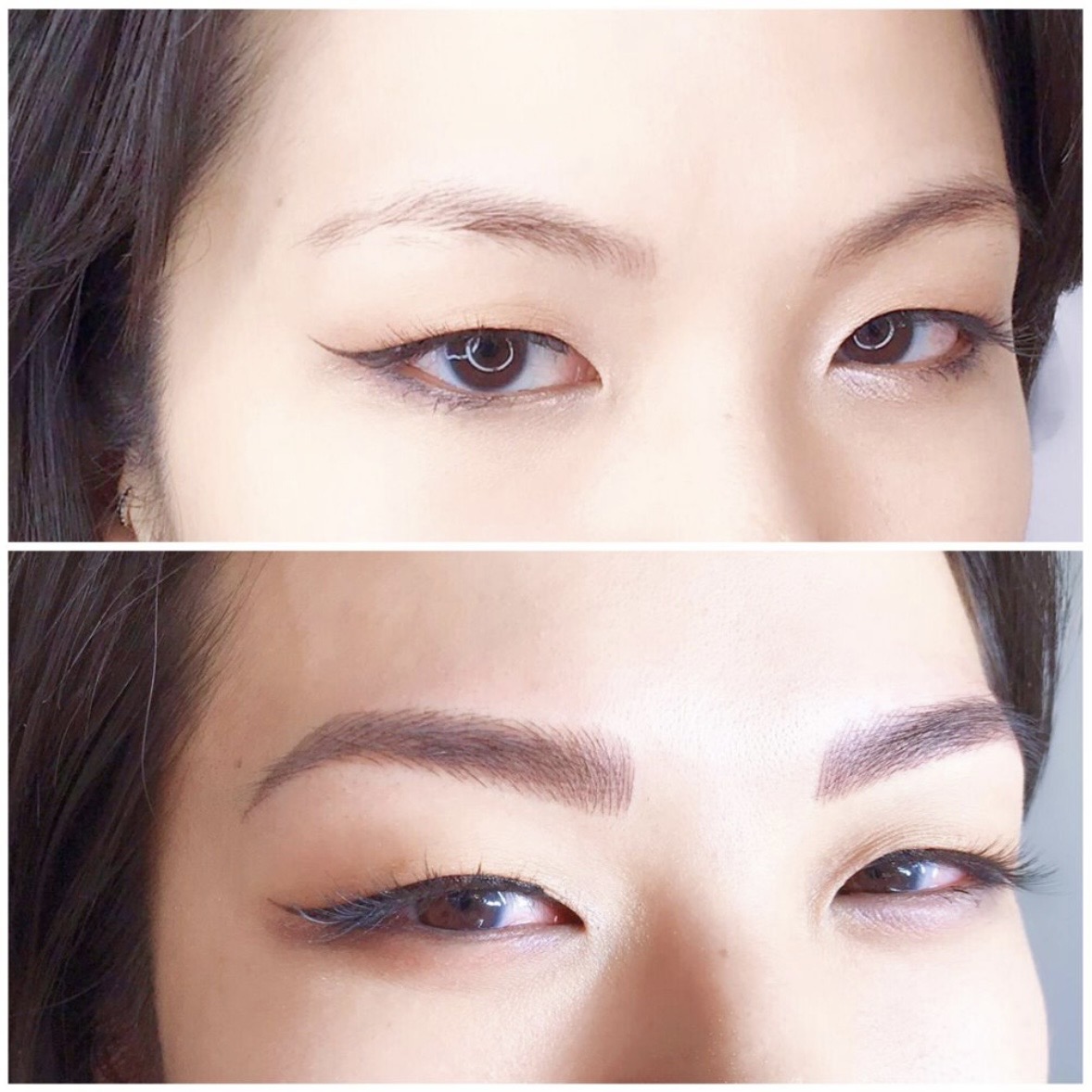Permanent brow makeup before and after — mature client with natural microblading result, Sarasota FL