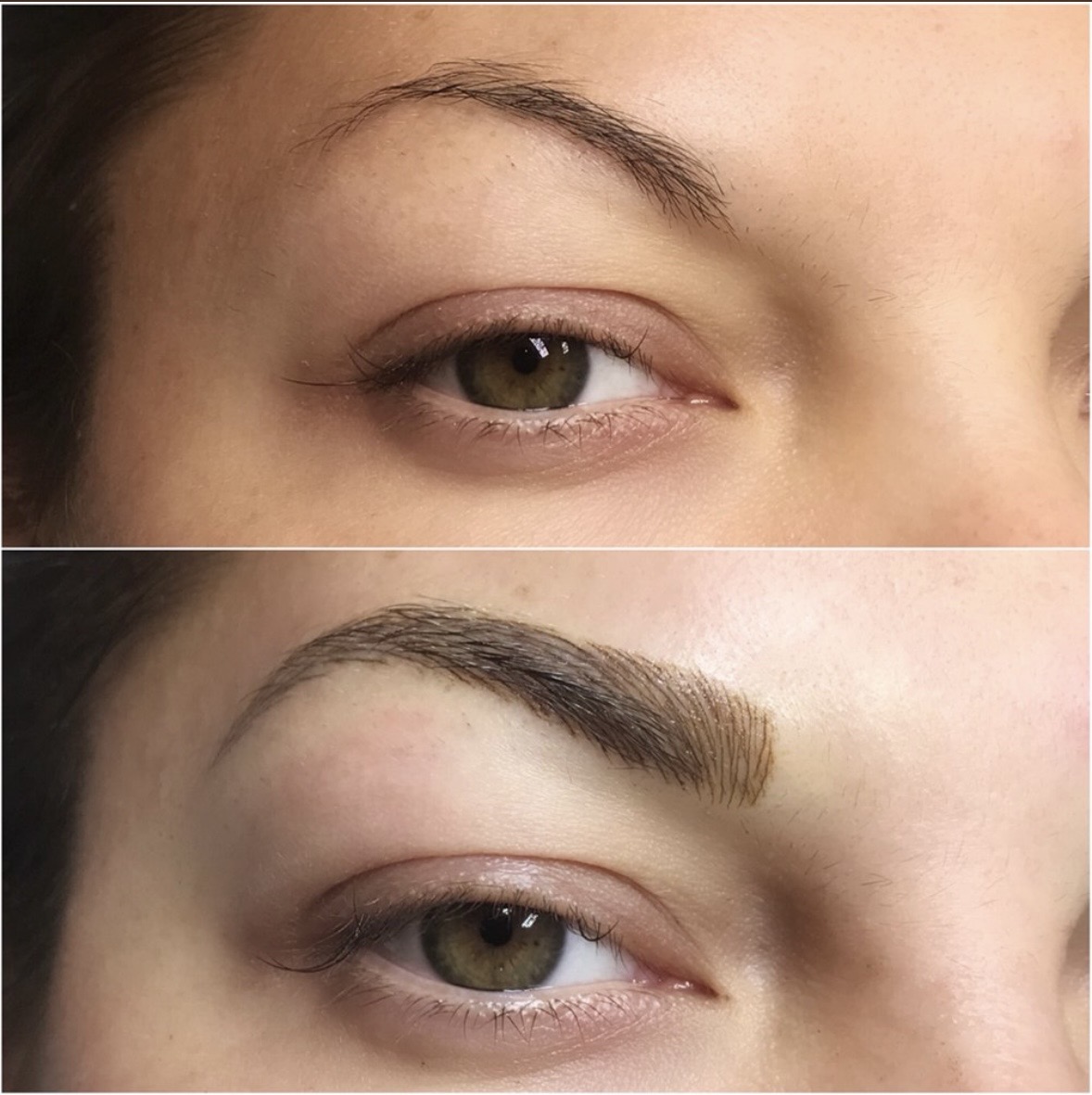 Before and after microblading — soft natural brow transformation by Beverly Hills PMU Sarasota
