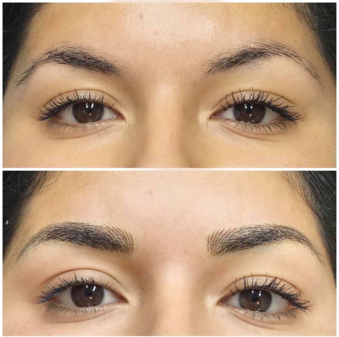Permanent makeup brows before and after — Asian client, natural microblading with eyeliner, Sarasota