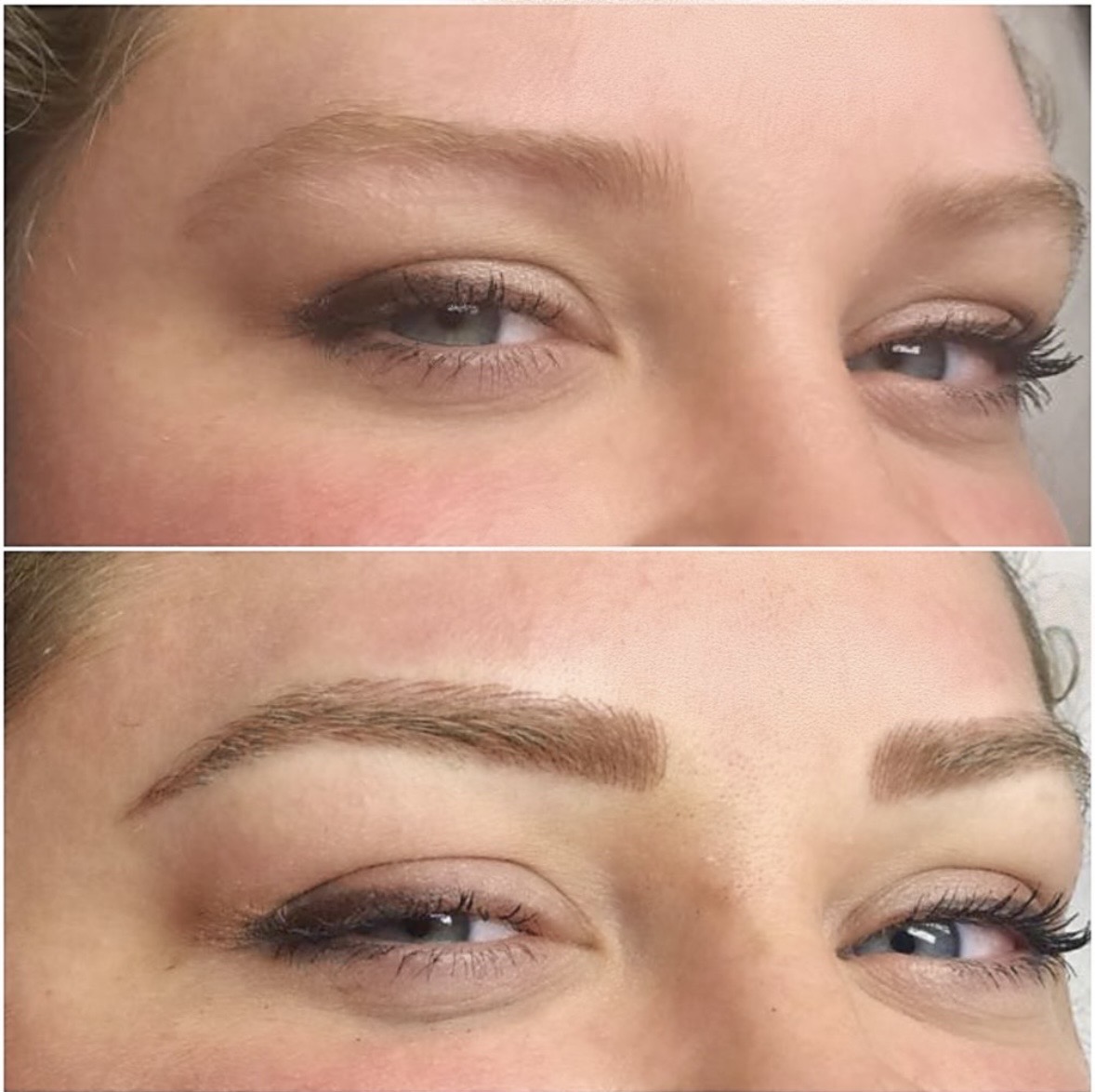 Natural microblading hair strokes before and after — light brows defined by Ellie at BHPM Sarasota