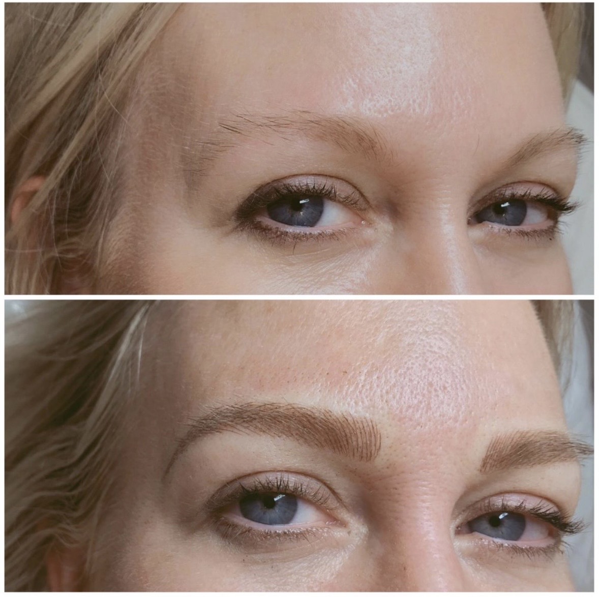 Permanent brow makeup before and after — olive skin client, microblading by Beverly Hills PMU Sarasota