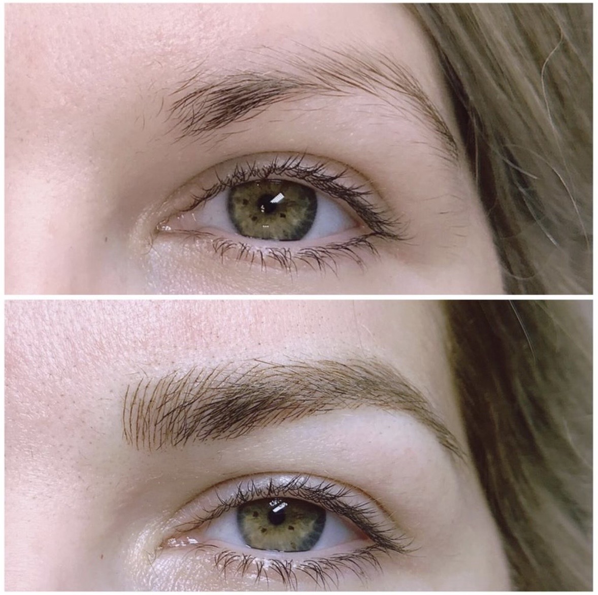 Microblading before and after — wide-set brows corrected and defined by Ellie Shariat PMU Sarasota