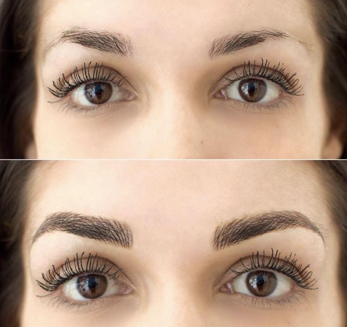 Before and after microblading — sparse brows transformed to full natural brows, Sarasota FL