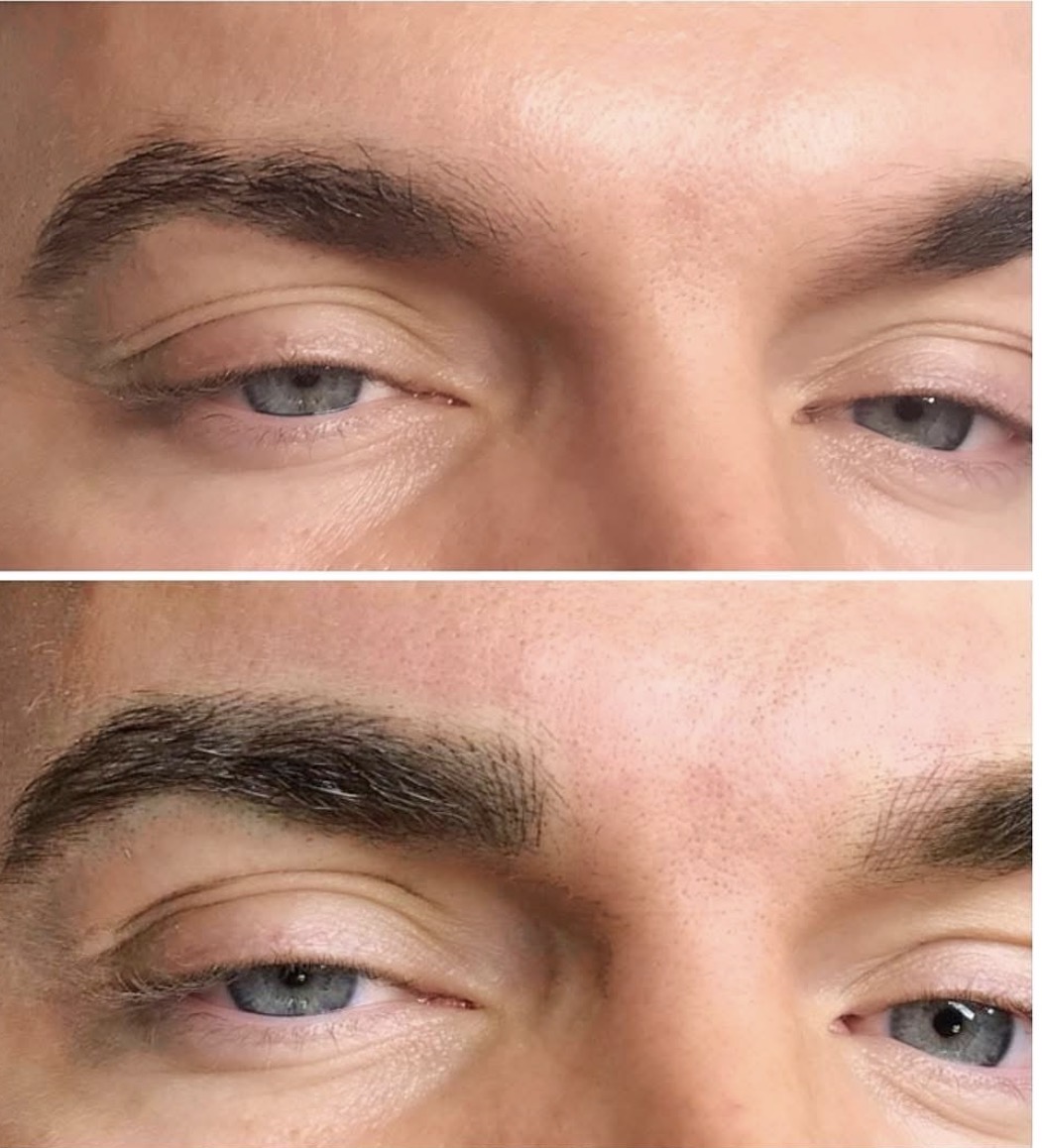 Permanent makeup before and after — brow transformation by Beverly Hills-trained PMU artist Sarasota FL